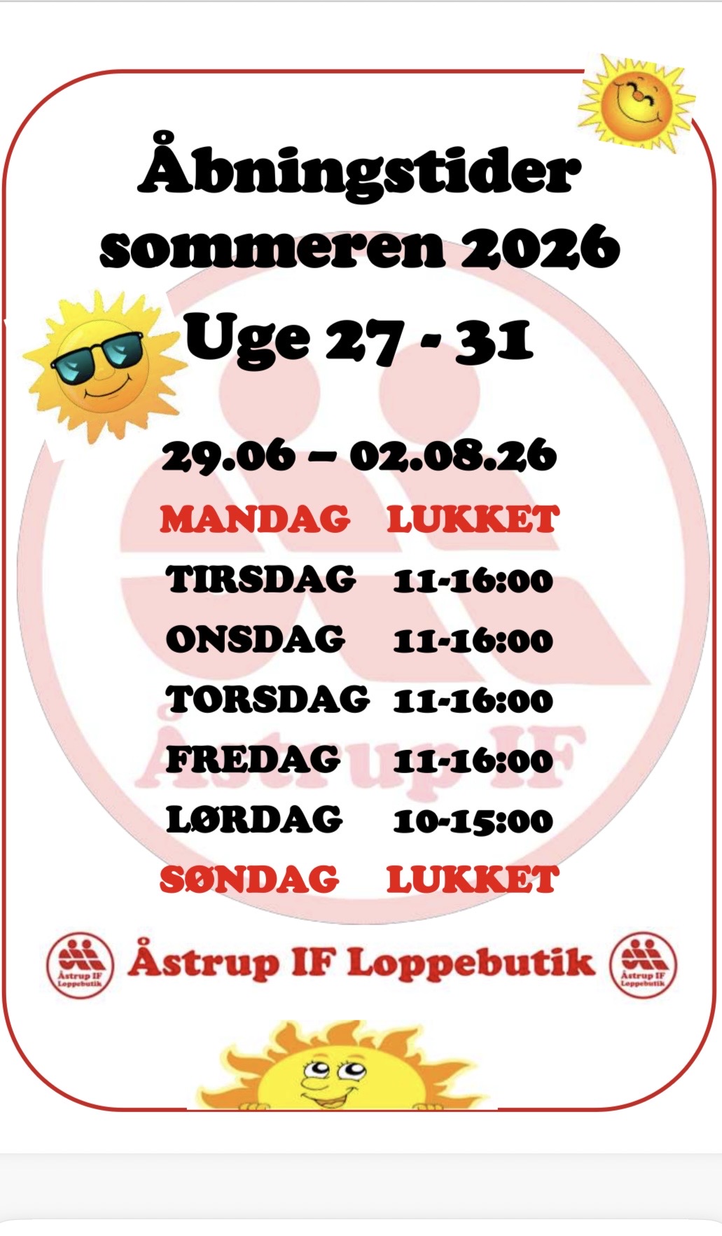 Loppebutikkens åbningtider for ugerne 27-31
